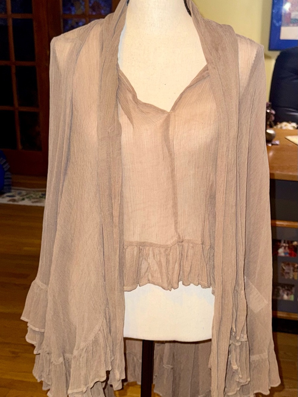 Free People Sheer Taupe Ruffled Lightweight Draped Top